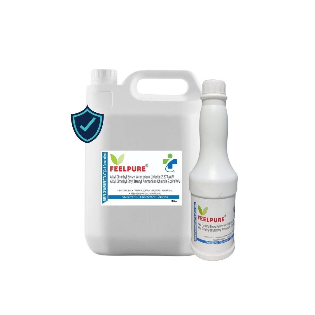 25 A bottle of Alkyl (3rd Generation) solution. The bottle is labeled with the product name and indicates its composition as a third-generation alkyl compound. The liquid inside the bottle is transparent, representing its purity and clarity. The background may feature a clean and sanitized environment, such as a laboratory or a manufacturing facility. The image suggests the application of Alkyl (3rd Generation) as a versatile cleaning and disinfecting agent. It implies the product's effectiveness in removing contaminants, sanitizing surfaces, and maintaining a hygienic environment in various settings.